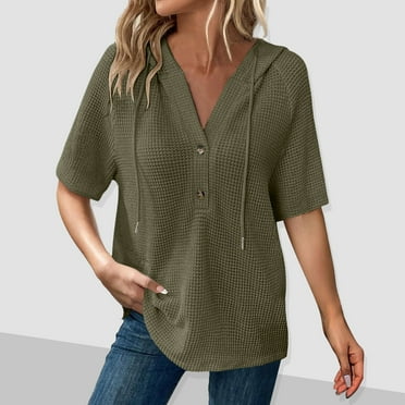 YNGKMEA Womens Oversized Hoodie Plus Size V Neck Waffle Knitted Hooded Shirts Lightweight Fall Short Sleeve Drawstring Pullover Tshirts Army Green 3XL