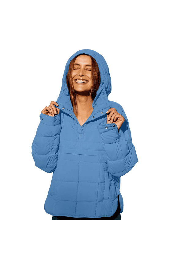 Womens Oversized Puffer Jacket Pullover Quilted Lightweight Dolman Hoodies Packable Long Sleeve Pullover Hooded Casual Quarter Button Down Winter Coat Tops Outwear Sky Blue XXXL