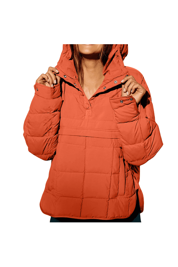 Womens Oversized Puffer Jacket Quilted Lightweight Dolman Hoodies Packable Long Sleeve Pullover Hooded Casual Quarter Button Down Warm Tops Coat Saffron XL
