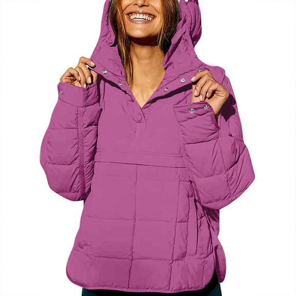YNGKMEA Womens Puffer Jacket Lightweight Quilted Dolman Hoodies Oversized Long Sleeve Hoodies Pullover Quarter Button Down Packable Fall Winter Warm Coat Hot Pink XL