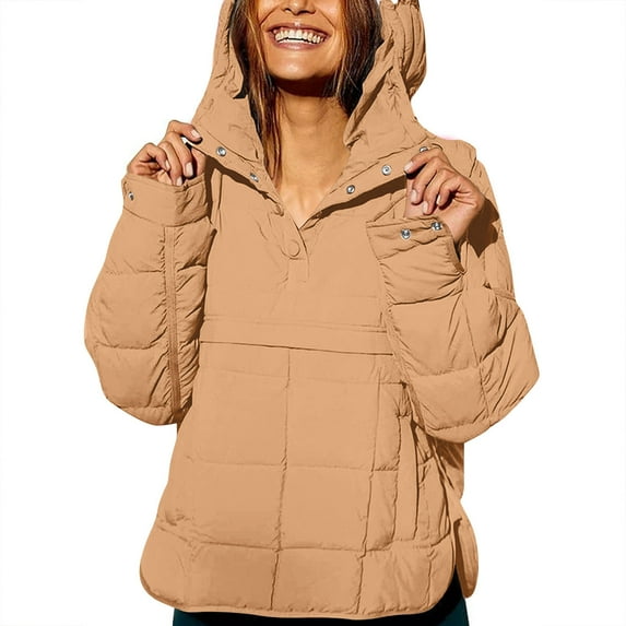 YNGKMEA Womens Puffer Jacket Lightweight Quilted Dolman Hoodies Oversized Long Sleeve Jackets Hoodies Quarter Button Down Packable Warm Padded Coat Tops Khaki M