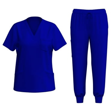 YNGKMEA Womens Scrub Sets Plus Size Jogger Scrubs Stretchy V Neck Scrub Pants and Tops Nurse Uniforms Medical Scrubs with Pockets Royal Blue 2XL