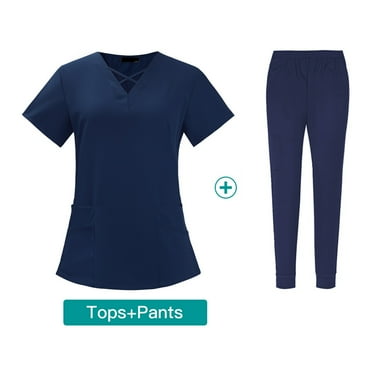 YNGKMEA Womens Scrub Sets Plus Size Scrub Sets Petite V-Neck Scrub Pants and Tops Medical Uniforms Nursing Scrubs Tall Scrubs Sets Navy M