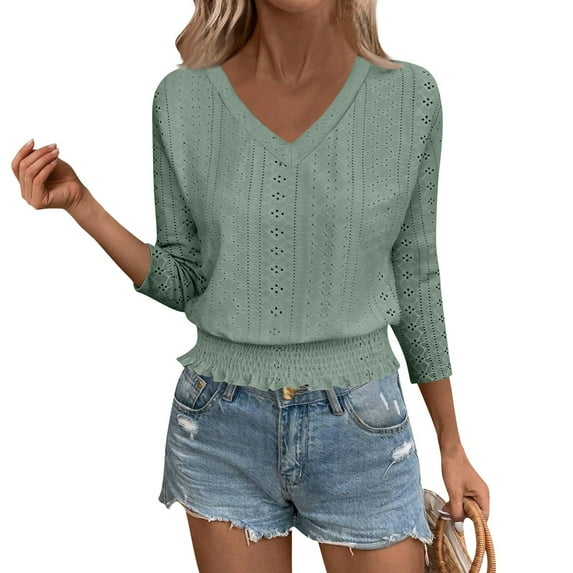 YNGKMEA Womens Smocked Tops Casual 3/4 Sleeve Eyelet T-Shirt Loose Fit Smocked Hem Crop Tops V Neck Elastic Waist Banded Bottom Tops Blouse 2025 Summer Army Green XL