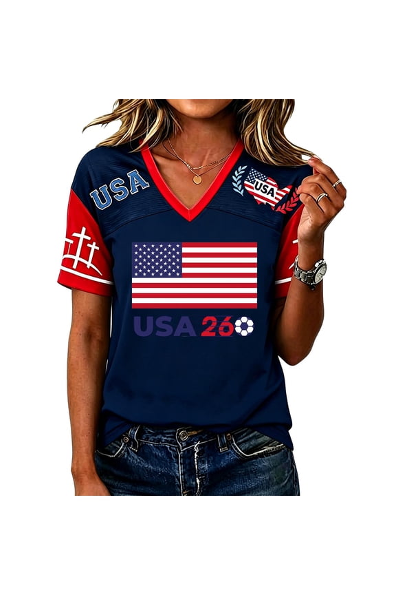 Womens Usa Jersey USA Flag Print Short Sleeve Tee V Neck T Shirts Soft Trendy Jerseys for Women 2026 Summer Shirts Navy M