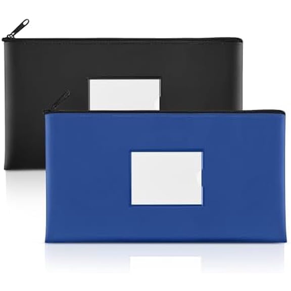 YNGLLC 2-Pack Money Bags with Zipper, PU Leather Bank Deposit Bags, Waterproof Money Pouch for Organize Cash, Coins, Cosmetics, Invoice, Bills, Tools, 11.5 x 6.2 Inches, Navy Blue & Black
