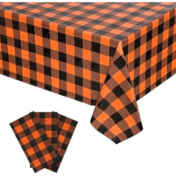 YNGLLC 3 Pack Halloween Plastic Table Decorations, Orange and Black Checkered Background Disposable Tablecloth, 54 x 108 Inch Rectangular for Halloween Party Decorations