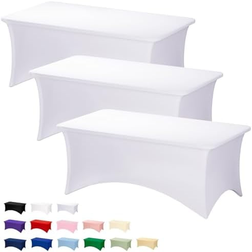 YNGLLC 3 Pack White Table Cloths Rectangle 6FT, Tablecloths Rectangular Stretch Spandex Fitted Table Covers 6FT for Parties, Trade Shows, Banquet, Weddings, Buffet, Graduation Decorations