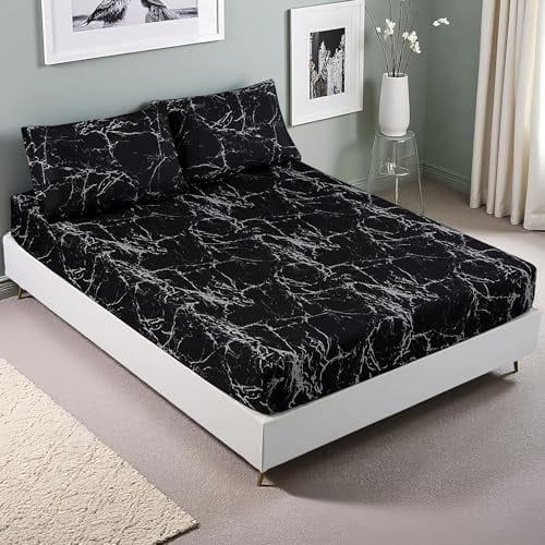 YNGLLC 3PCS Black Marble Sheet Set,Soft Microfiber Bed Sheet,Marble Bedding Sheet Set Included 1 Fitted Sheet with 2 Pillowcases,14 Inches Deep (Queen, Black)