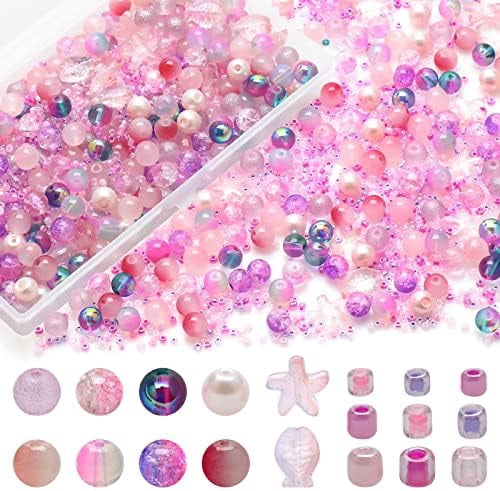 YNGLLC 760pcs Mixed Craft Beads Jewelry Making Kit, Pink Glass Beads Bracelet Making Kit, 8MM Round Assorted Cystal Beads with Seed Beads for DIY Working