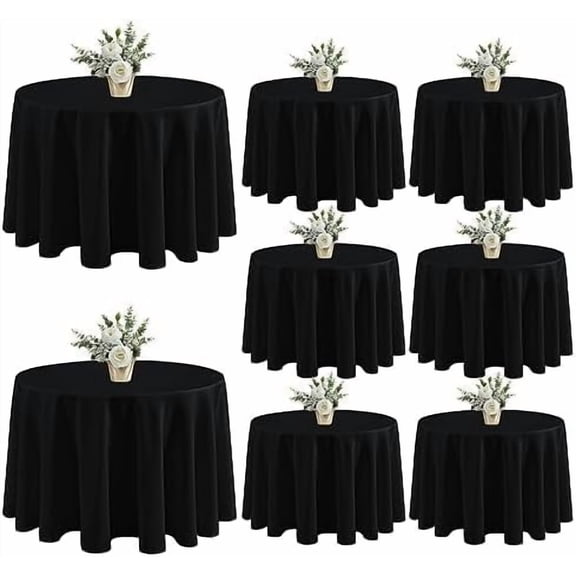 YNGLLC 8 Pack Black Table Cloths 120 Inch Round - Stain Resistant and Washable Tableclothes, Polyester Fabric Table Covers for Wedding, Party, Banquet, Formal Events