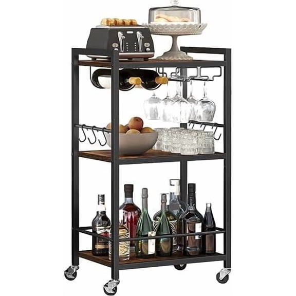 YNGLLC Bar Cart, Home Bar Serving Cart, Microwave Cart, Drink Cart, Mobile Kitchen Shelf with Wine Rack and Glass Holder, Rolling Beverage Cart for Living Room, Kitchen, Brown BC01BB032