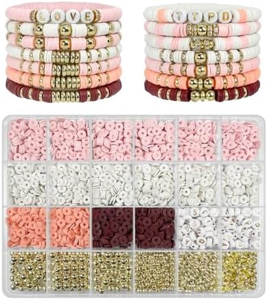YNGLLC Bracelet Making Kit - 3200Pcs Clay Beads With Gold and Letter Beads for Friendship Bracelets (Cute Pink)