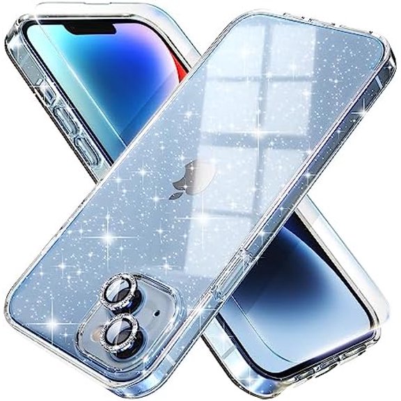 YNGLLC Compatible for iPhone 14 Case Women Phone Case, Cute Bling Sparkly, Military Grade Drop Protection, 2 Diamond Camera Lens Covers, 2 Tempered Glass Protectors, 6.1 inch (Glitter Clear)