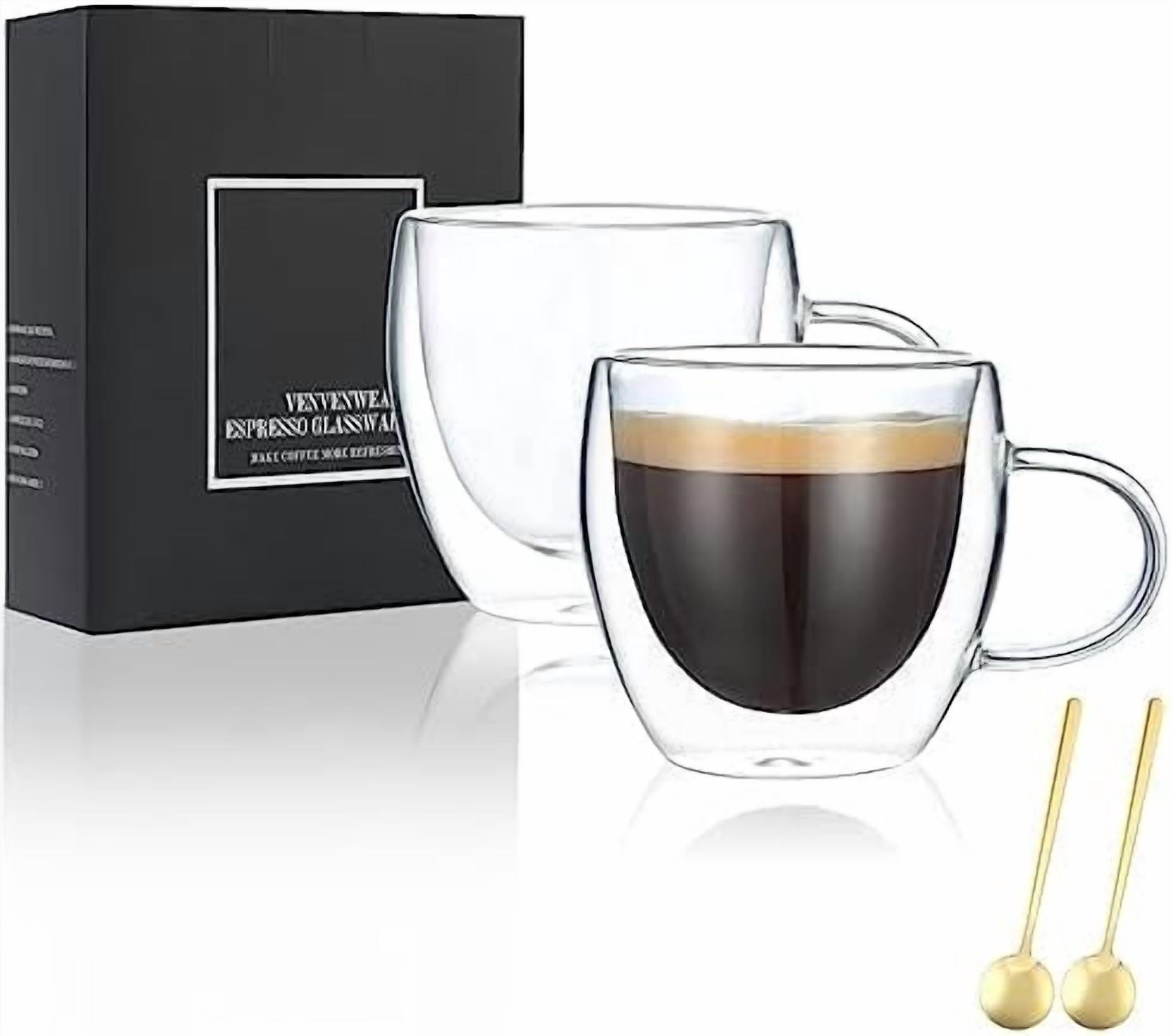 YNGLLC Espresso Cups Set Of 2,Double Wall 5OZ Hand Blown Espresso Shots Glass,Espresso Coffee Mugs In Gift Box,Perfect For Espresso,Latte,Cappuccinos,Tea Bag,Juice