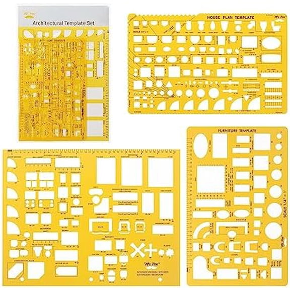 YNGLLC- House Plan, 3 pcs, Interior Design and Furniture Templates, Clear Flexible Plastic, Drafting Tools, Ruler Shapes for Architecture, 1/4 Inch Scale, Kitchen, Bath, Bedroom, Office, Living Room