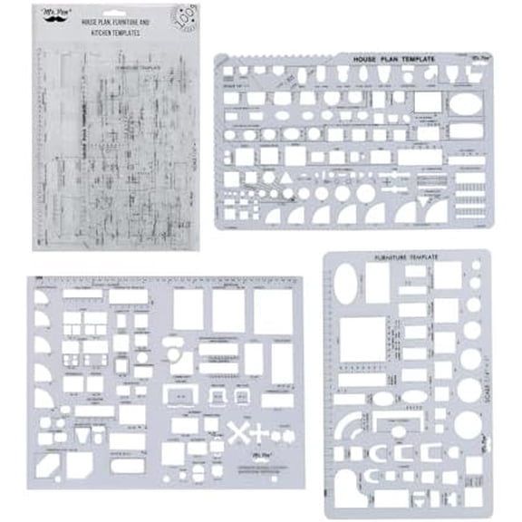YNGLLC- House Plan, 3 pcs, Interior Design and Furniture Templates, Clear Flexible Plastic, Drafting Tools, Ruler Shapes for Architecture, 1/4 Inch Scale, Kitchen, Bath, Bedroom, Office, Living Room