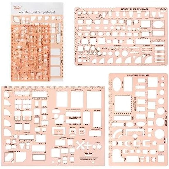 YNGLLC- House Plan, 3 pcs, Interior Design and Furniture Templates, Clear Flexible Plastic, Drafting Tools, Ruler Shapes for Architecture, 1/4 Inch Scale, Kitchen, Bath, Bedroom, Office, Living Room