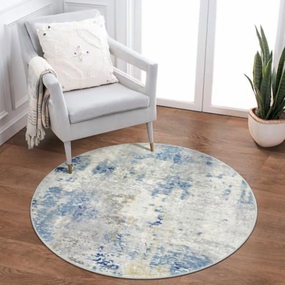 YNGLLC Modern Abstract Round Rug 3Ft, Blue Washable 3x3 Circle Rugs for Kitchen Entryway Soft Small Bedroom Mat Non Slip, Contemporary Indoor Floor Throw Carpet for Nursery Home Office