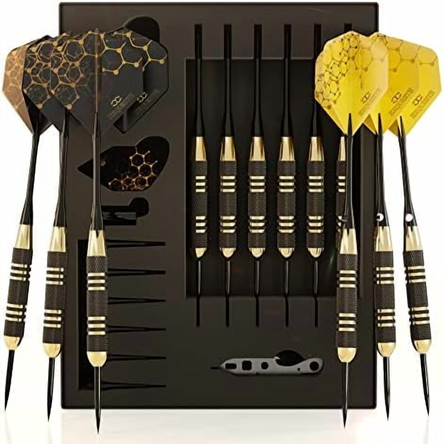 YNGLLC Premium Steel Tip Darts Set - Professional Darts, Brass Barrels, Metal Tip Darts, Extra Flights, (12) Aluminum Shafts 35/48, O-Rings, Dart Tool, Dart Sharpener, Darts Case
