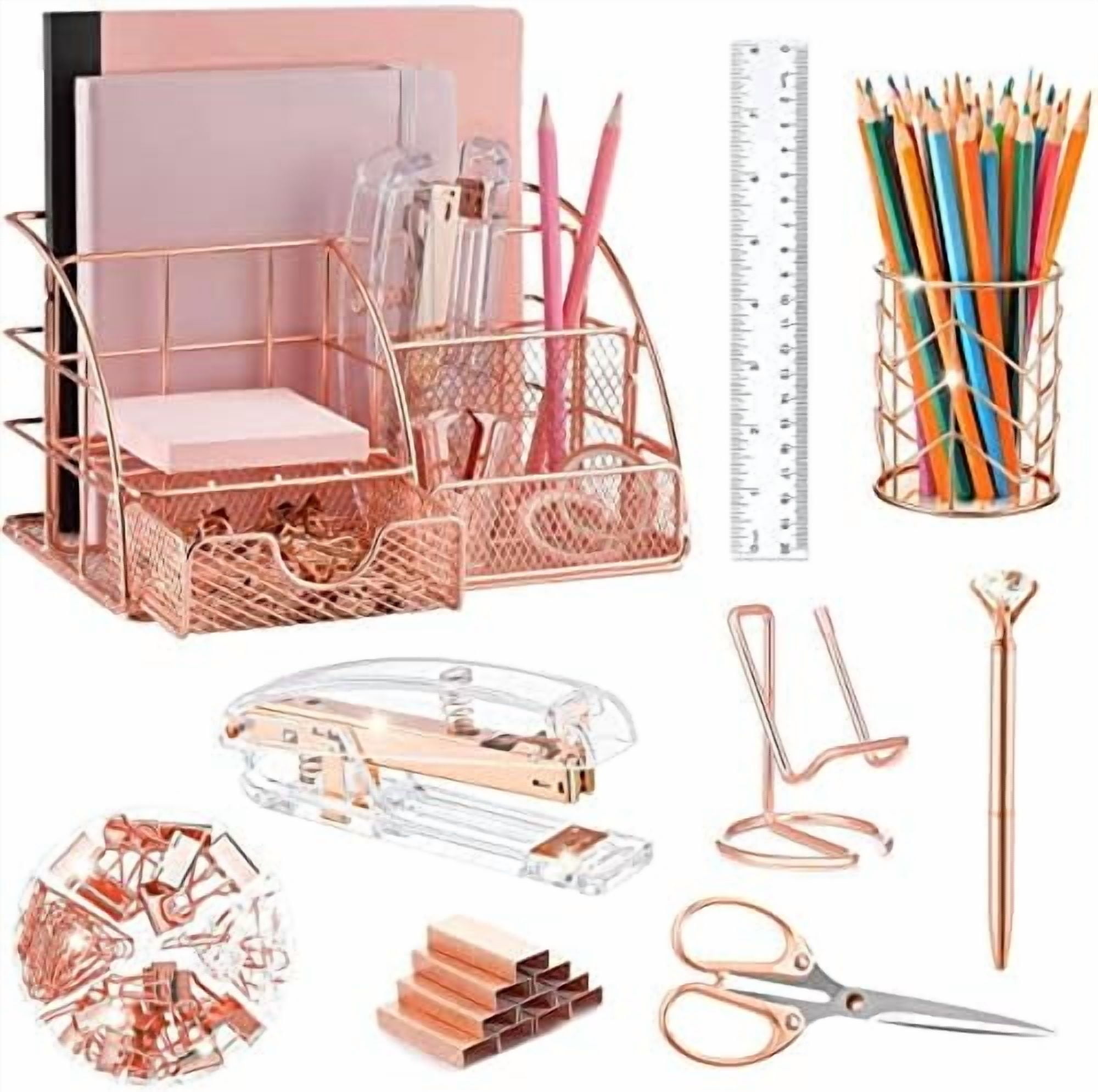 YNGLLC Rose Gold Desk Organizers and Accessories Office Supplies Set Stapler, Pen Holder, Phone Holder, Scissors, Pen, Ruler, 30 Paper Clips, 22 Binder Clip, 20 Tacks and 1000pcs Staples