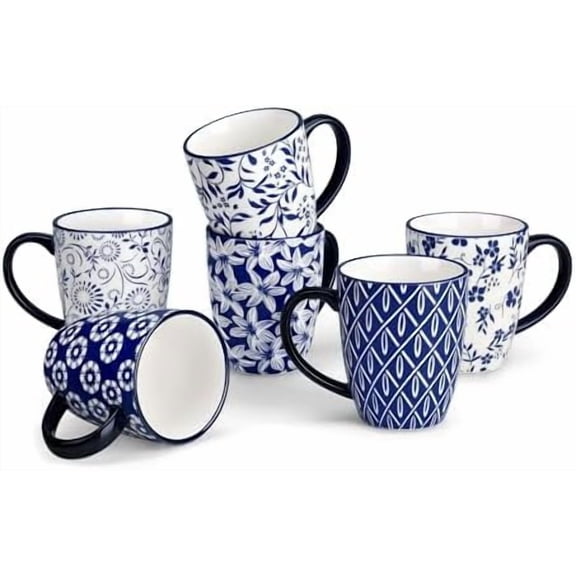 YNGLLC SELENE Coffee Mugs Set of 6, 12 Oz Porcelain Coffee Cups with Handle, Ceramic Tea Cup for Cappuccino, Latte, Tea, Cocoa, Dishwasher & Microwave Safe Gift Sets, Vintage Blue