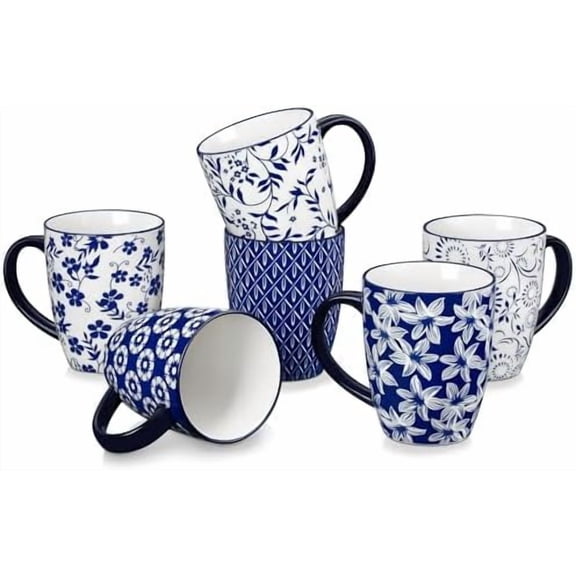 YNGLLC SELENE Large Coffee Mugs Set of 6, 16 Oz Porcelain Coffee Cups with Handle, Ceramic Tea Cup for Cappuccino, Latte, Tea, Cocoa, Dishwasher & Microwave Safe Gift Sets, Vintage Blue