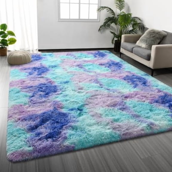YNGLLC Shag Area Rug, 4 X 6 Tie-Dyed Plush Fuzzy Rugs for Living Room, Ultra Soft Fluffy Furry Rug for Bedroom, Indoor Carpet Nursery Rugs for Room Home Decor, Rainbow