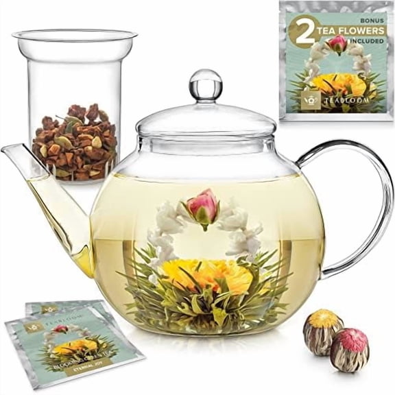 YNGLLC Stovetop & Microwave Safe Glass Teapot with Removable Loose Tea Glass Infuser Includes 2 Blooming Teas 2-in-1 Tea Kettle and Tea Maker Tea Purist's Choice
