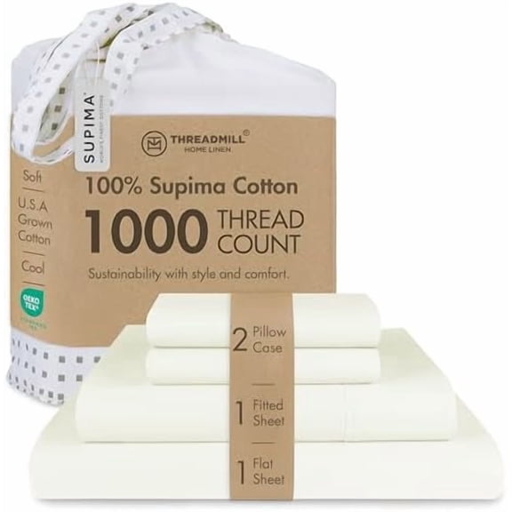 YNGLLC Supima Cotton Sheets - Queen, 1000 Thread Count, 4 Piece Luxury Bedding Set, Hotel Quality Sateen Weave, Ivory with Elasticized Deep Pocket