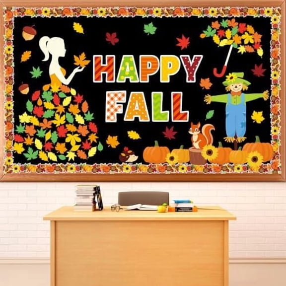 YNGLLC Thanksgiving Fall Bulletin Board Decorations Happy Autumn Themed Party Paper Cutouts Maple Leaf Pumpkin Squirrel Bulletin Board Set for Home School Classroom Wall Decoration Decor Supplies