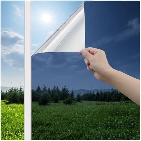 YNGLLC Window Privacy Film One Way Window Tint for Home, Sun UV Blocking Heat Control Reflective Mirror Film, No Glue Static Cling See Out Not in Glass Door Covering, Blue Silver, 29.5" x 78.7"