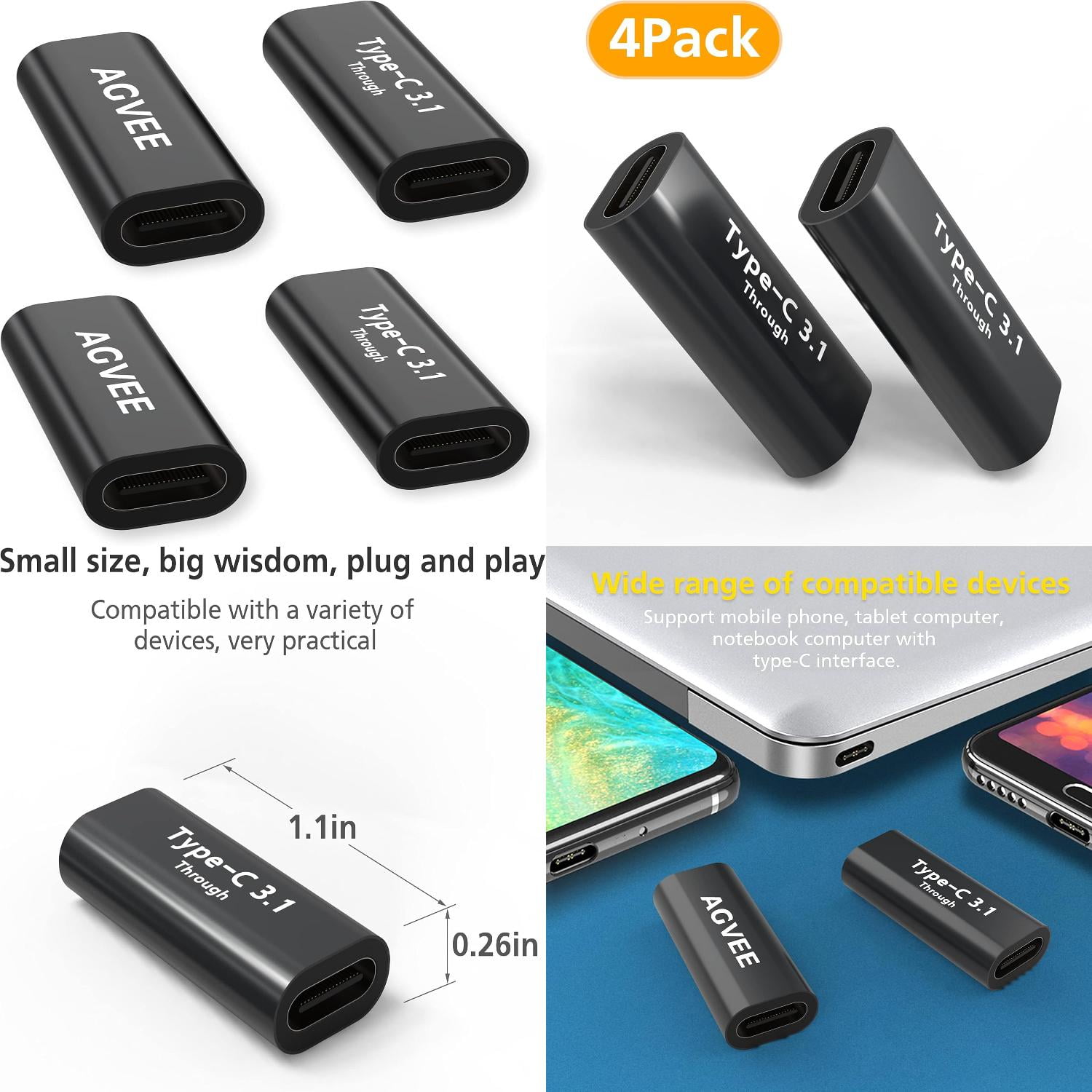 YNGURJA Gray 4 Pack High Speed Double Dual TypeC PD 100W USB 3.2 3.1