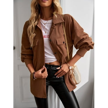 YNIQUE Womens Fashion Cropped Shackets Corduroy Button Down Crop Jackets Tops Long Sleeve Shirts