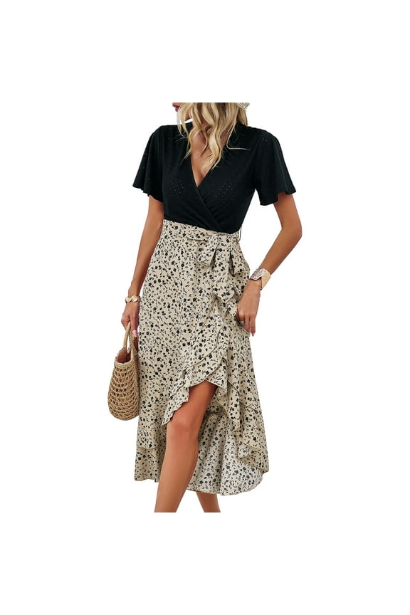 Women Casual Dress V-Neck Short Sleeve Polka Dot Ruffle Chiffon Elegant Long Dresses