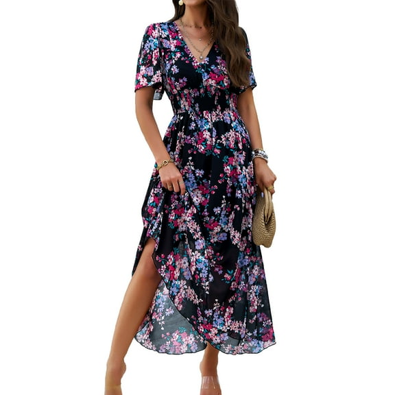 YNIQUE Women's Casual Dress Deep V-Neck Short Sleeve Chiffon Elegant Long Dresses