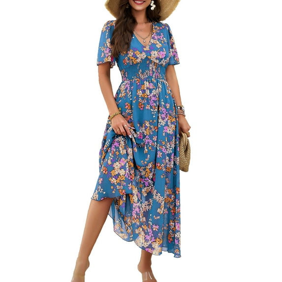 YNIQUE Women's Casual Dress Deep V-Neck Short Sleeve Chiffon Elegant Long Dresses