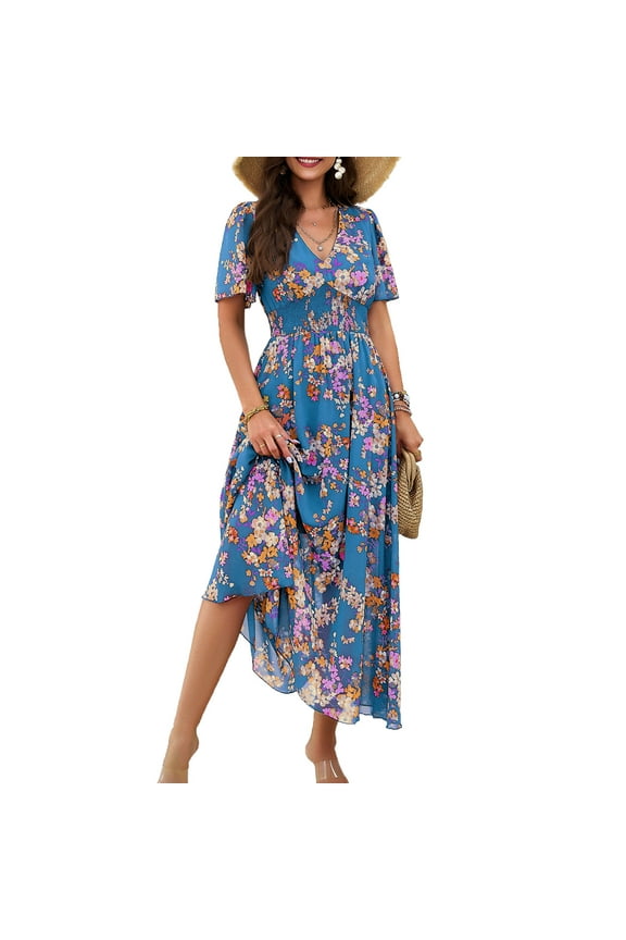 Women's Casual Dress Deep V-Neck Short Sleeve Chiffon Elegant Long Dresses