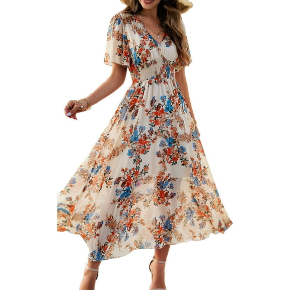 YNIQUE Women's Casual Dress Deep V-Neck Short Sleeve Chiffon Elegant Long Dresses