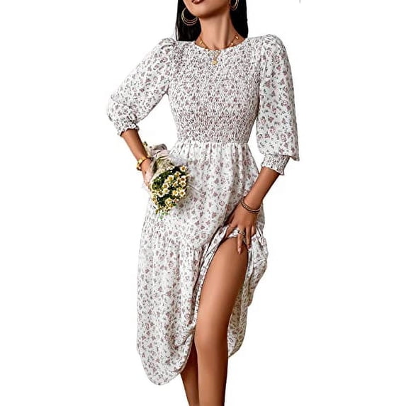 YNIQUE Women's Casual Long Sleeve Floral Dress Crewneck A-Line Mid Length Dress