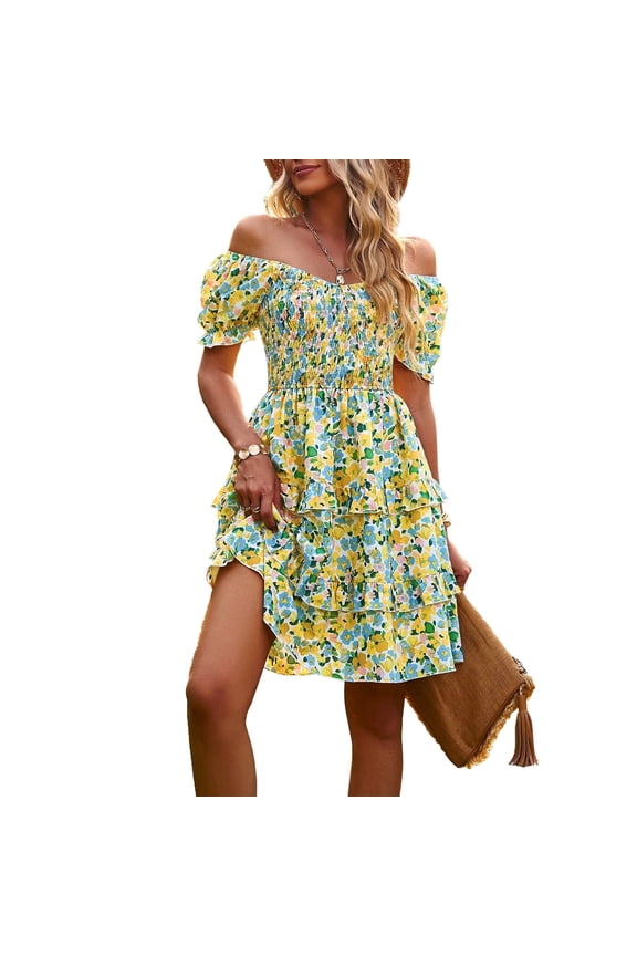 Women's Dresses Casual Summer Print Ruffle A Line Short Sleeve Mini Floral Dress for Women