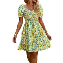 YNIQUE Women's Dresses Casual Summer Print Ruffle A Line Short Sleeve Mini Floral Dress for Women