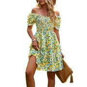 YNIQUE Women's Dresses Casual Summer Print Ruffle A Line Short Sleeve Mini Floral Dress for Women
