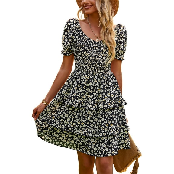 YNIQUE Women's Dresses Casual Summer Print Ruffle A Line Short Sleeve Mini Floral Dress for Women