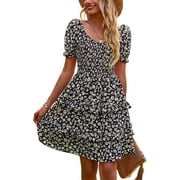 YNIQUE Womens Dresses Casual Summer Print Ruffle A Line Short Sleeve Mini Floral Dress for Women