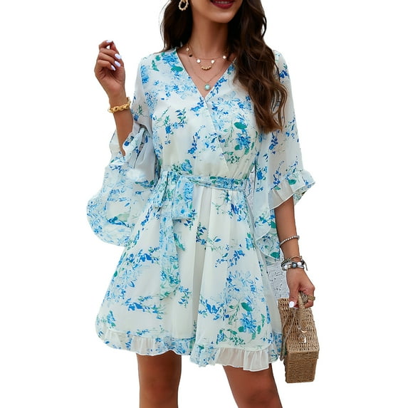 YNIQUE Women's Fashion Casual Loose V-Neck Half-Sleeved Floral Print Dress