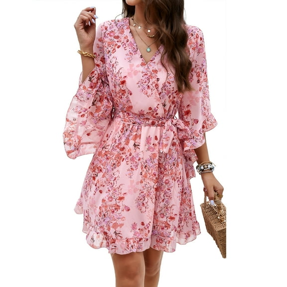YNIQUE Women's Fashion Casual Loose V-Neck Half-Sleeved Floral Print Dress