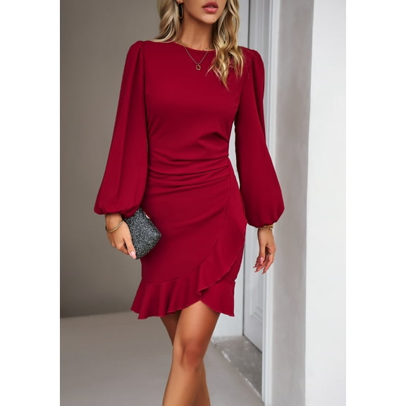 YNIQUE Women's Round Neck Dress Temperament Bubble Long Sleeve Clean Color Dress