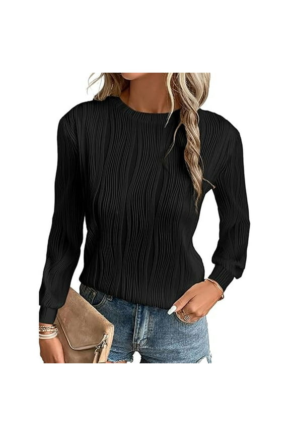 Womens Tops Trendy Slim Casual Long Sleeve Crewneck T Shirts Solid Loose Textured Blouses