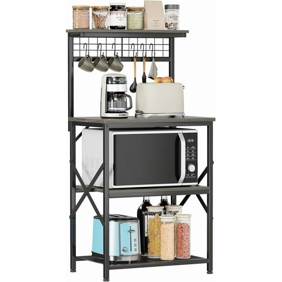 YNKitchen Bakers Rack, Microwave Stand with Storage 4 Tiers, Coffee Bar Station with 6 S Hooks and Pegboard, Kitchen Shelves Rack for Spices, Pots, Black Oak